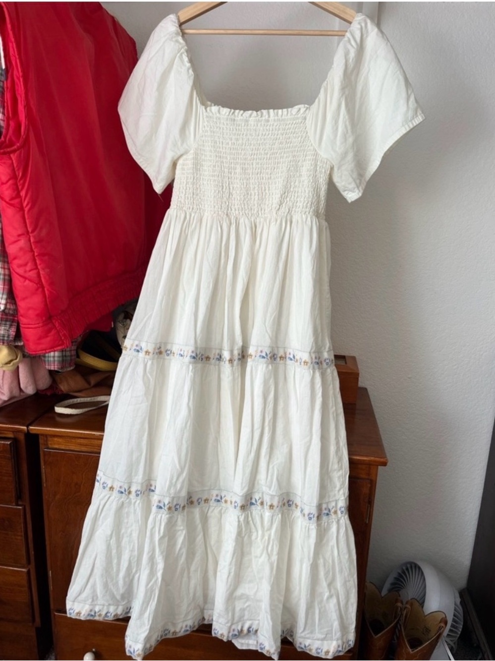 White Smocked Maxi Dress w/ Floral Trim